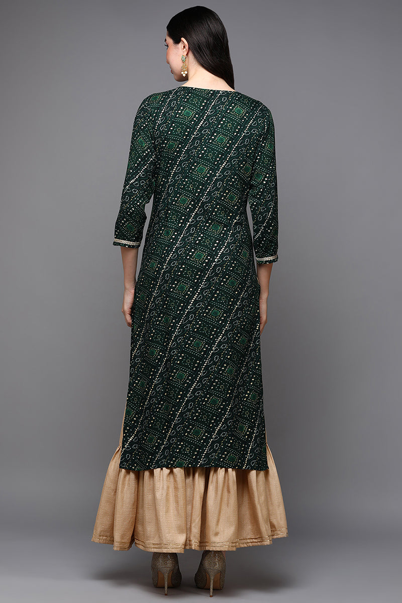 Women's Green Viscose Rayon Bandhani Straight Kurta - Rasiya - Distacart