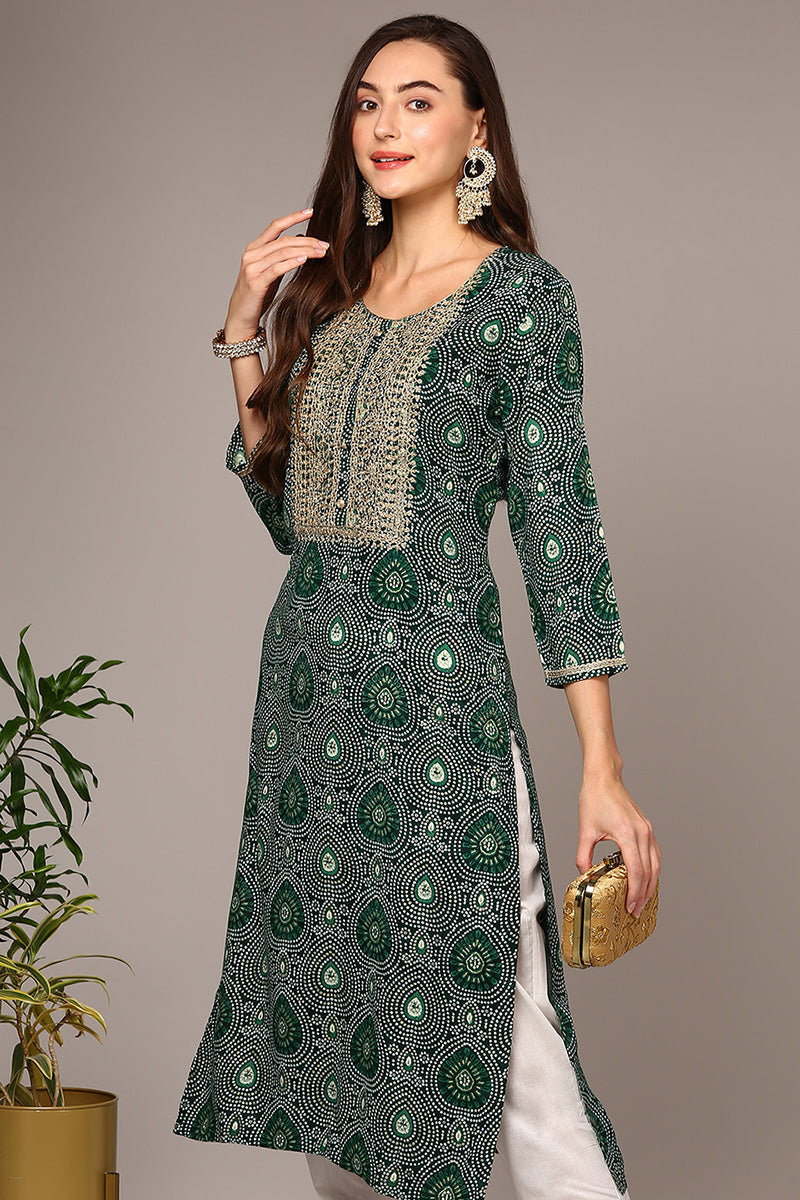 Women's Green Viscose Rayon Bandhani Straight Kurta - Rasiya - Distacart