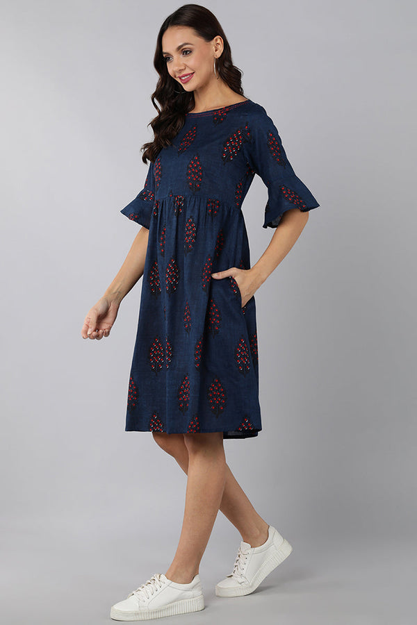 Navy Ethnic Motifs Printed Elasticated Waist Dress