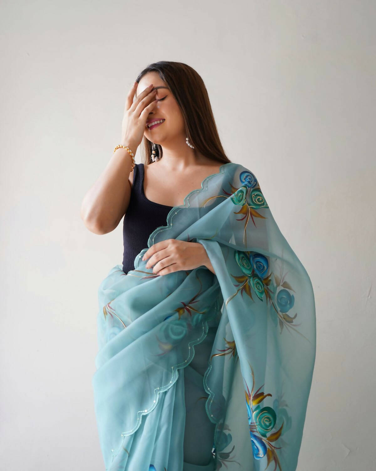 Vastrasky Sky Blue Organza Saree - Distacart