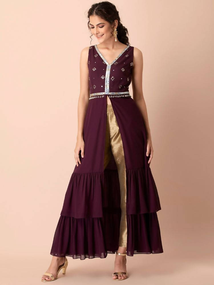 Indya Women Purple & Gold-Toned Embellished Ruffled High Slit Kurta - Distacart