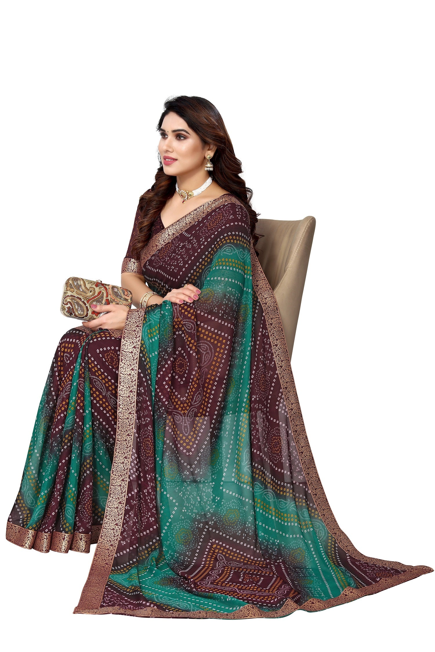 Vamika Brown Georgette Printed With Lace Saree - Distacart
