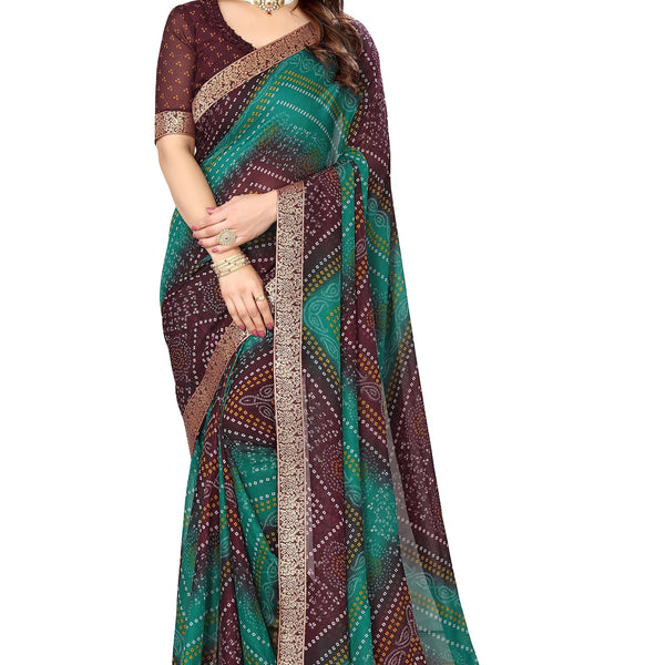 Vamika Brown Georgette Printed With Lace Saree - Distacart