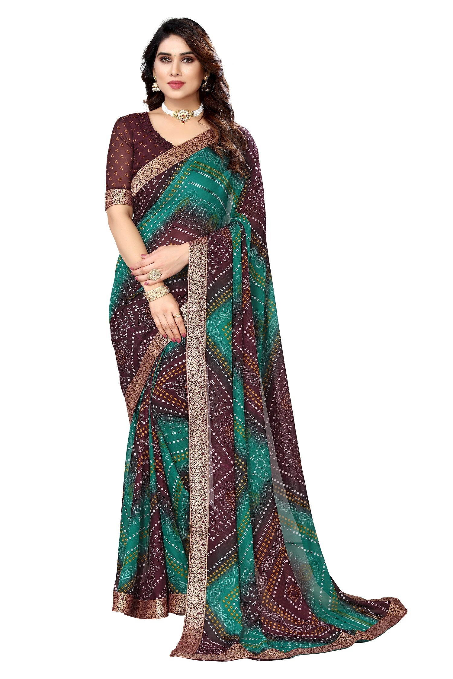 Vamika Brown Georgette Printed With Lace Saree - Distacart
