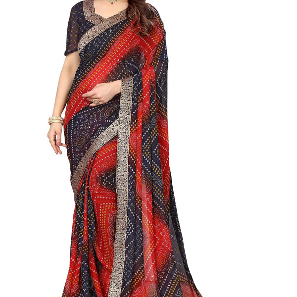 Vamika Navy Georgette Printed With Lace Saree - Distacart