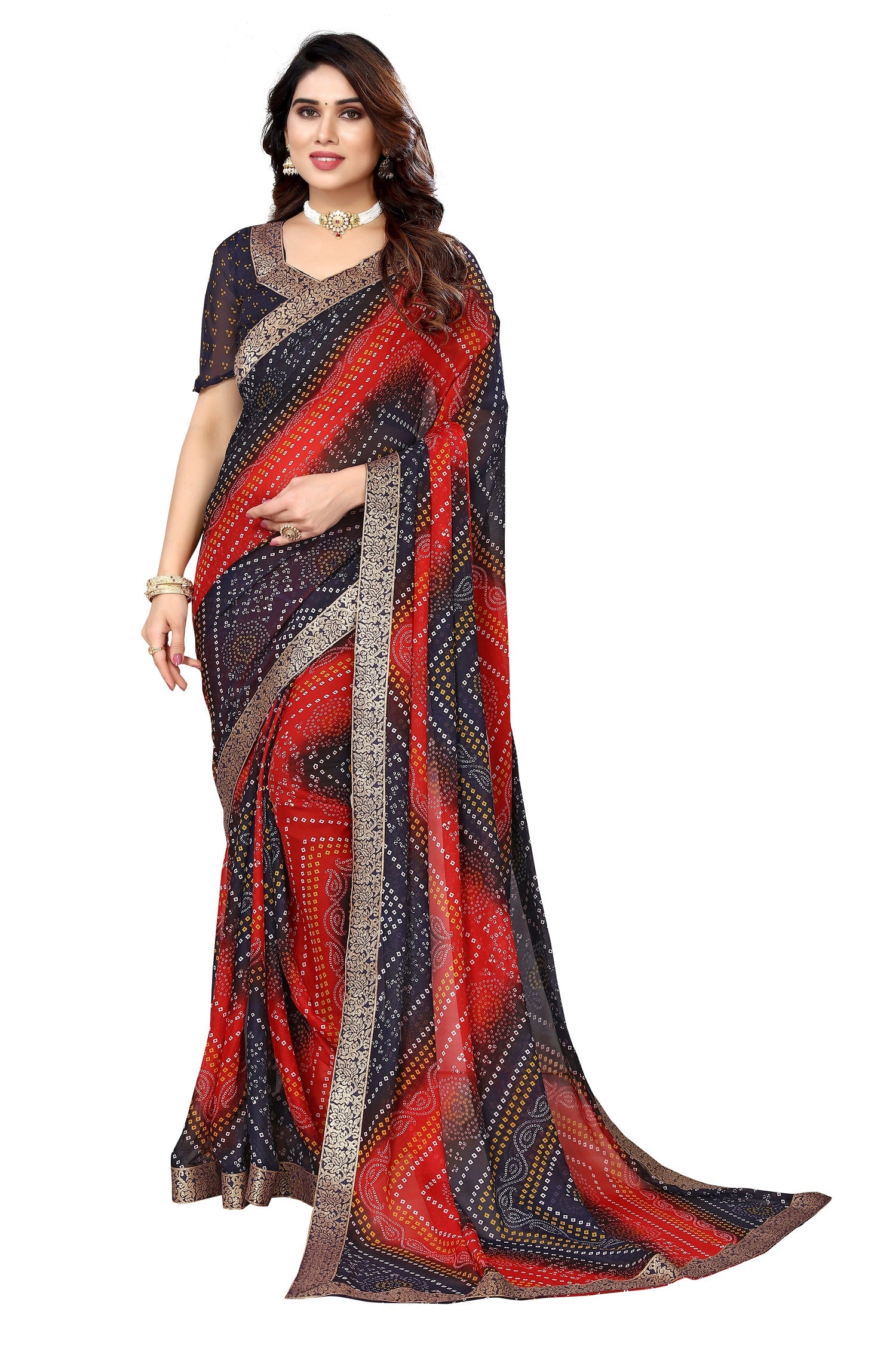 Vamika Navy Georgette Printed With Lace Saree - Distacart