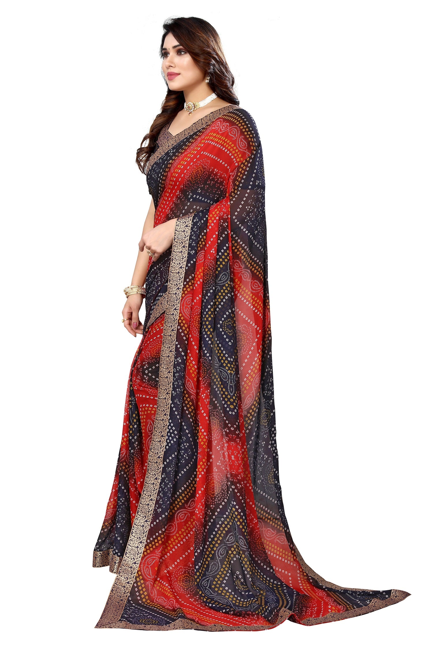 Vamika Navy Georgette Printed With Lace Saree - Distacart