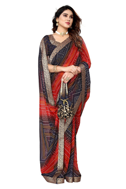 Vamika Navy Georgette Printed With Lace Saree - Distacart