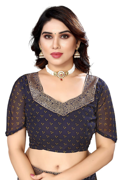 Vamika Navy Georgette Printed With Lace Saree - Distacart