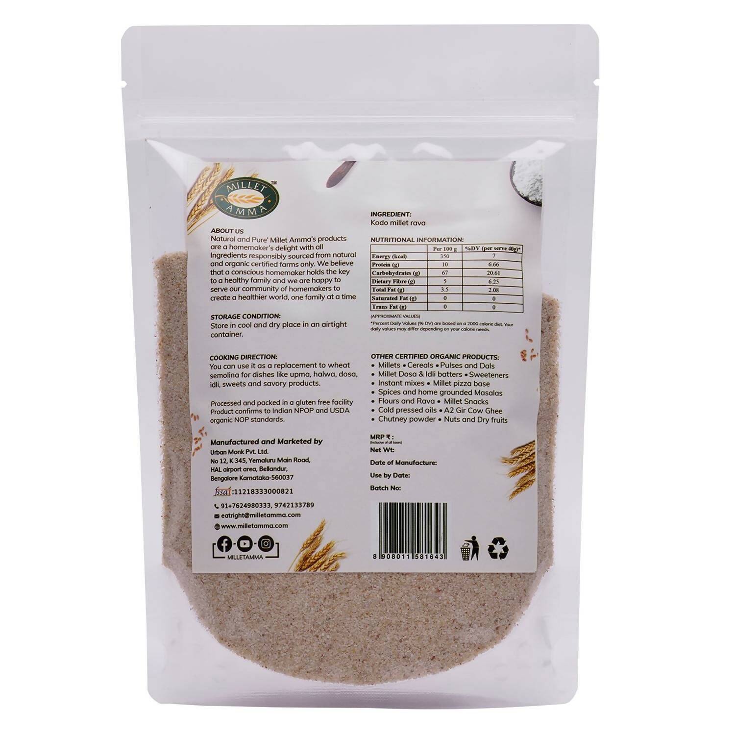 Millet Amma Organic Kodo Millet Rava - Distacart
