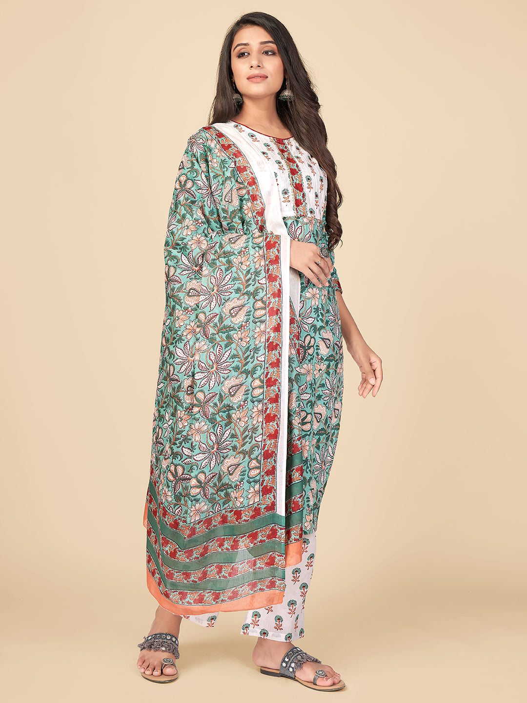 NOZ2TOZ Women Aqua Green Cotton Kurta With Pant & Dupatta (3pcs Set) - Distacart