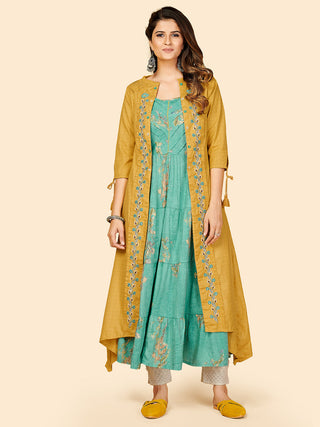 NOZ2TOZ Women Mustard Yellow Anarkali Kurta With Shrug (2pcs Set) - Distacart
