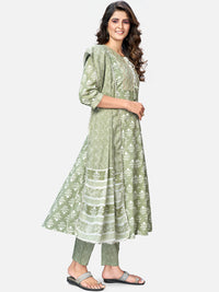 Thumbnail for NOZ2TOZ Women Pista Green Anarkali Cotton Kurta With Pant & Dupatta (3pcs Set) - Distacart