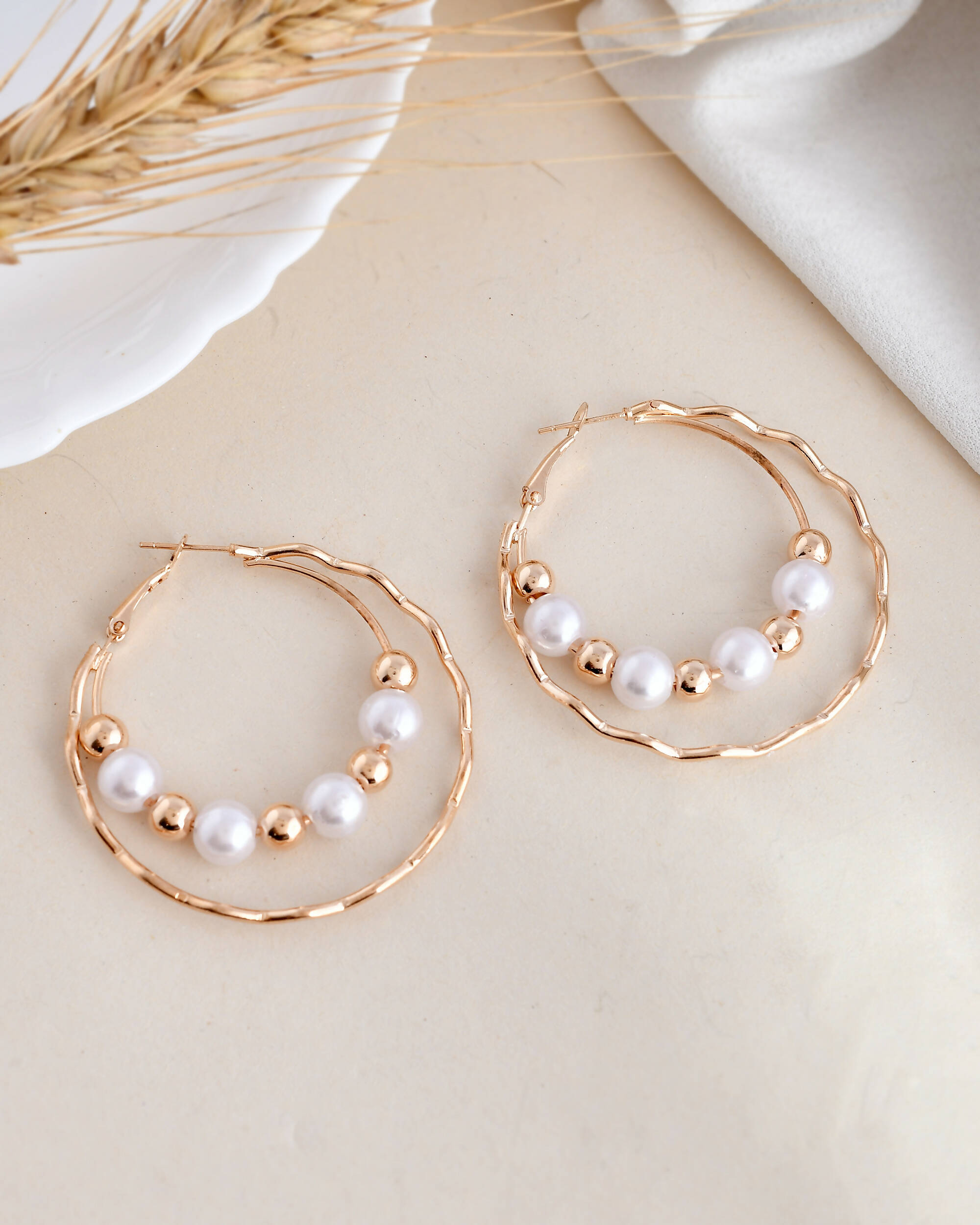 VOJ Women Gold-Plated Pearl Stainless Steel Hoop Earrings - Distacart