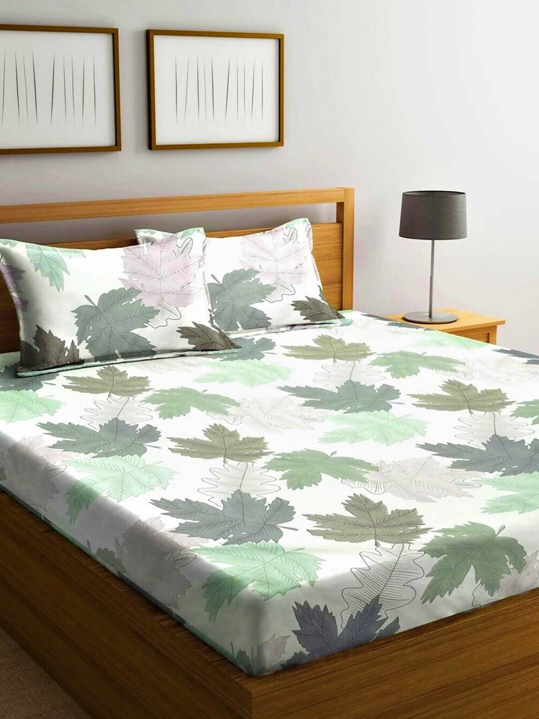 Home Sizzler White & Green Floral 210 TC Bedsheet with Pillow Covers - Distacart