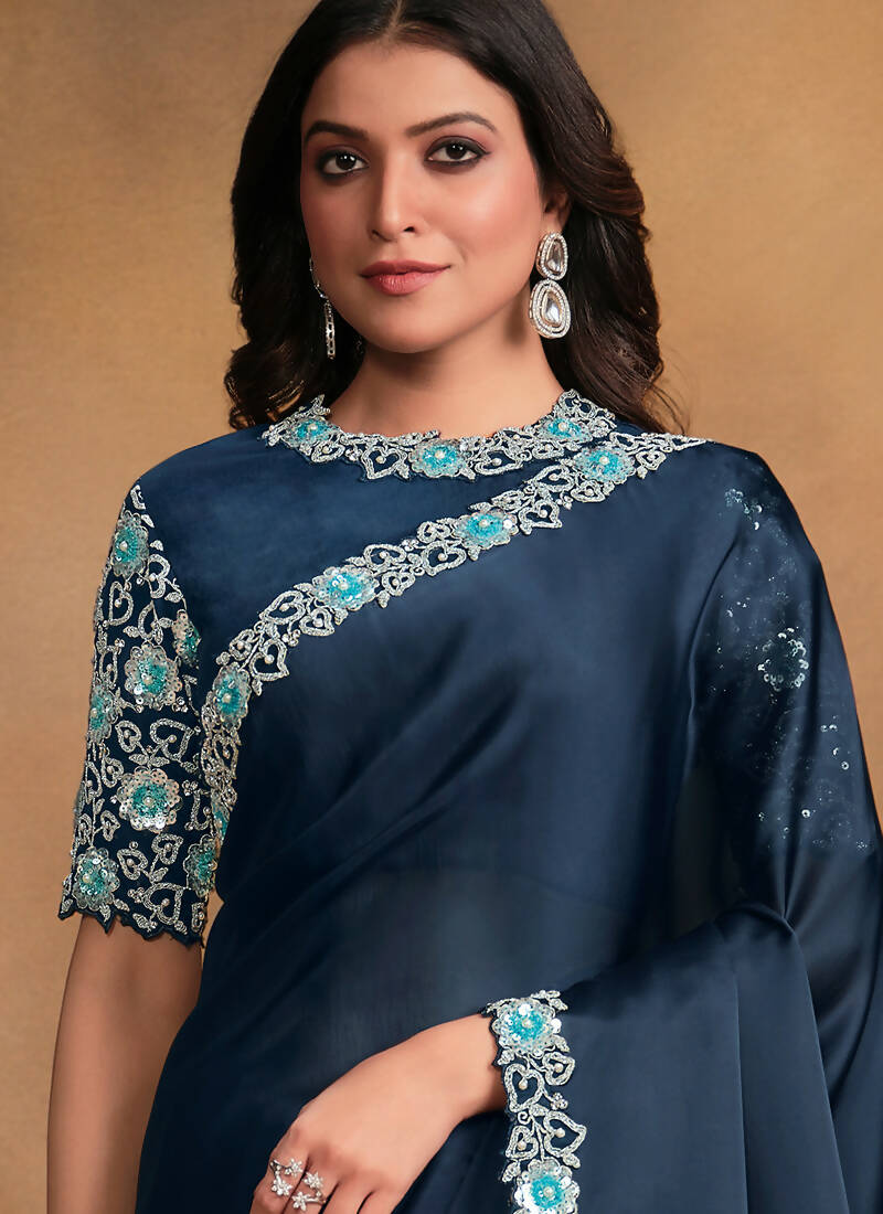 Navy Blue Satin Silk Georgette Designer Saree with Unstitched Blouse - Norita Mahitha - Distacart