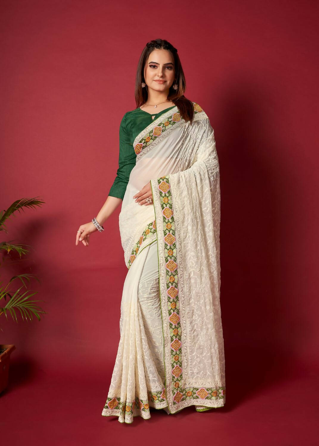 Vamsee White Georgette Designer Saree - Distacart