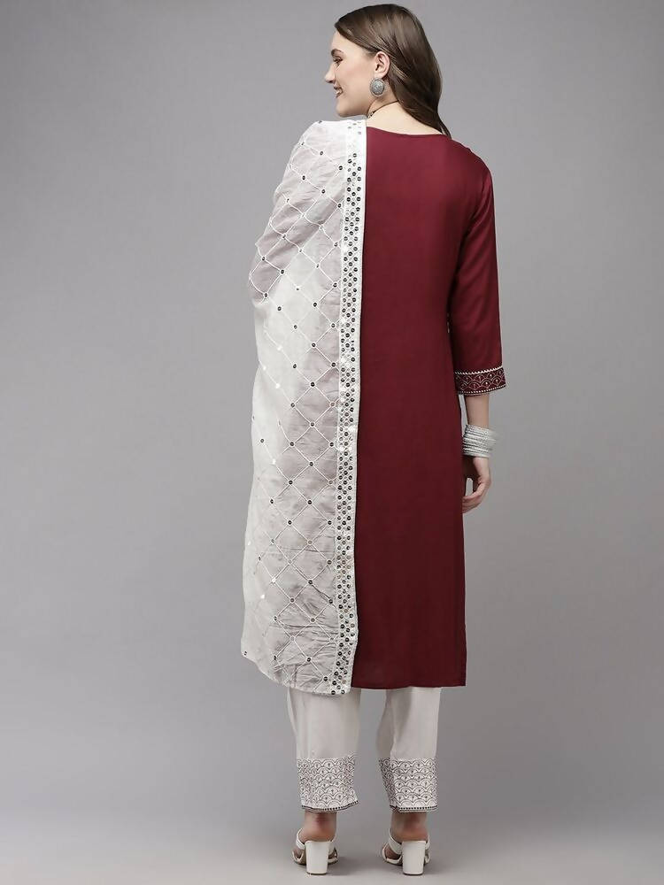 Yufta Women Burgundy Yoke Design Regular Sequinned Kurta with Palazzos & With Dupatta
