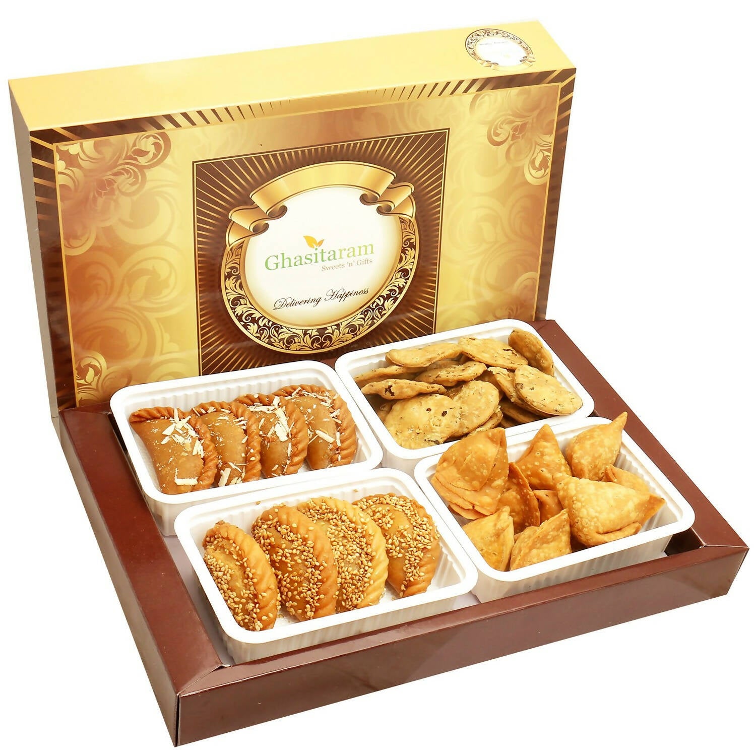 Ghasitaram Holi Hampers: Big Box of Dry Sweet Gujiyas, Til/ Sesame Gujiya, Farsan Samosas and Methi Mathi Hamper - Distacart