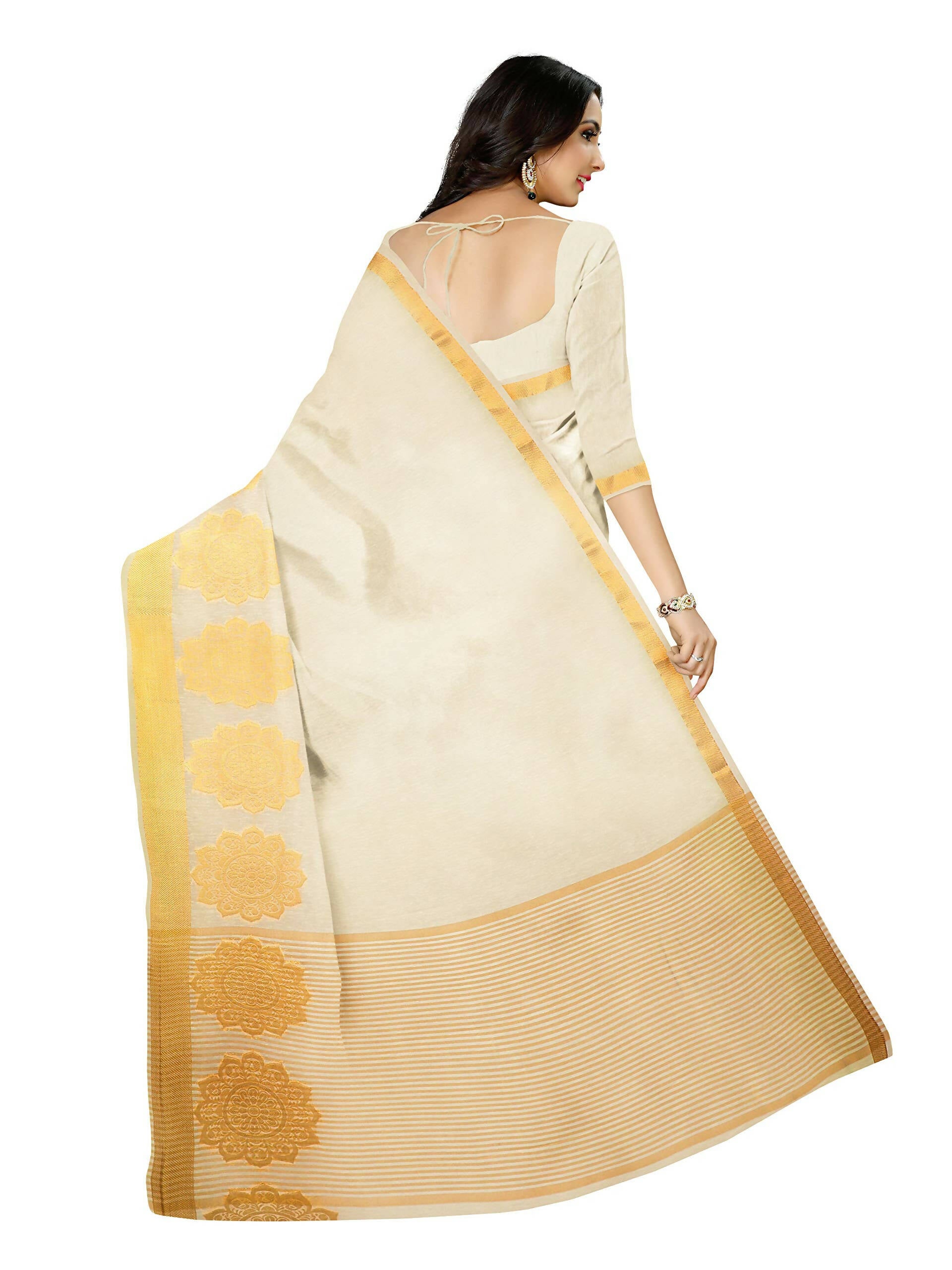 Mimosa Women's Off White Linen Blend Kasavu Saree - Distacart