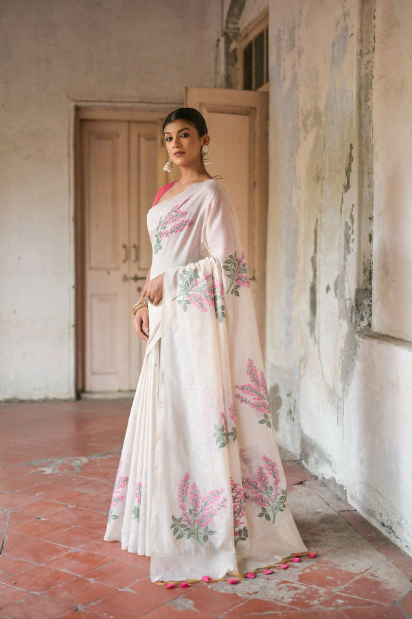 Vishnu Weaves Women's Pink Muga Cotton Woven Saree with Blouse - Distacart