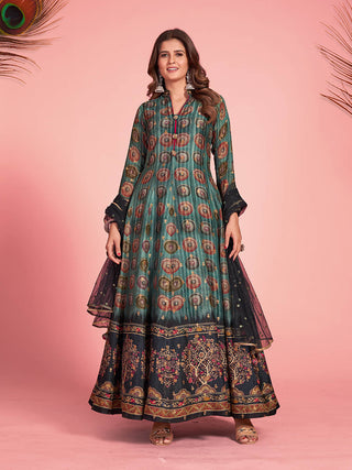 Myra Multicolour Pure Dola Silk Designer Gown Style Suit - Distacart