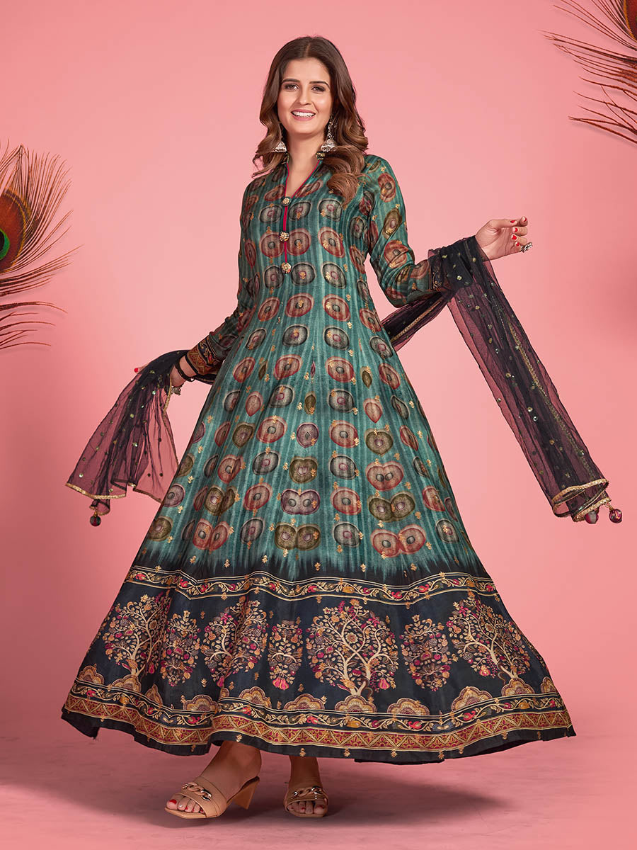 Myra Multicolour Pure Dola Silk Designer Gown Style Suit - Distacart
