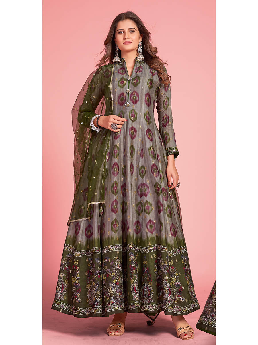 Myra Multicolour Pure Dola Silk Designer Gown Style Suit - Distacart