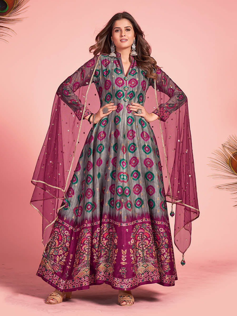 Myra Multicolour Pure Dola Silk Designer Gown Style Suit - Distacart