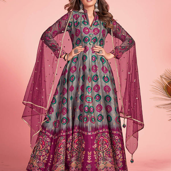 Myra Multicolour Pure Dola Silk Designer Gown Style Suit - Distacart