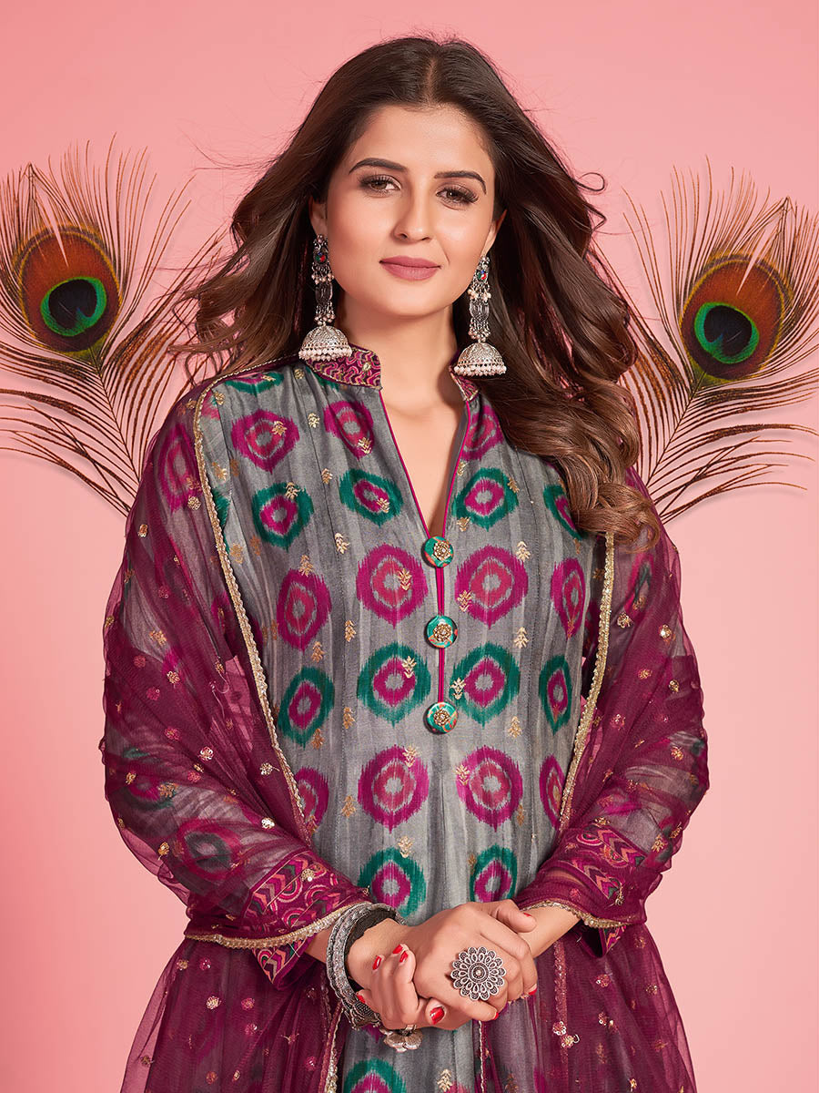 Myra Multicolour Pure Dola Silk Designer Gown Style Suit - Distacart