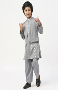 Thumbnail for Lil Drama Mehfil Grey Kurta Pant Jacket Set For Boys - Distacart