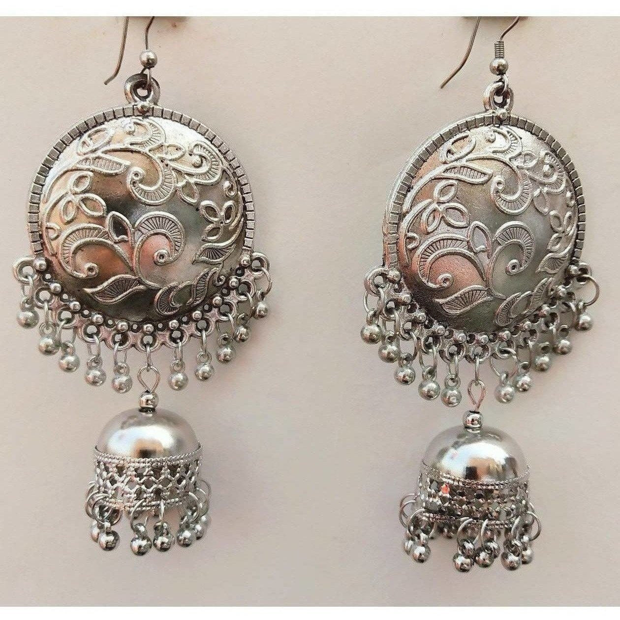 Fashion Collection Chandbali Silver Oxidized Jhumka Tassel Dangler Earrings