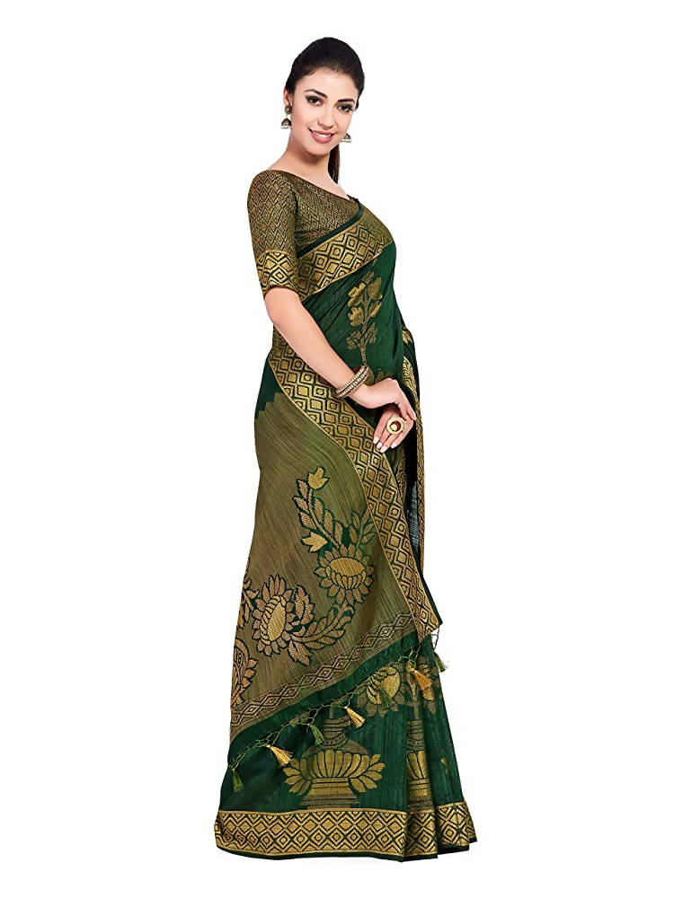 Mimosa Women's Green Kanchipuram Pure Silk Saree With Unstitched Blouse Piece