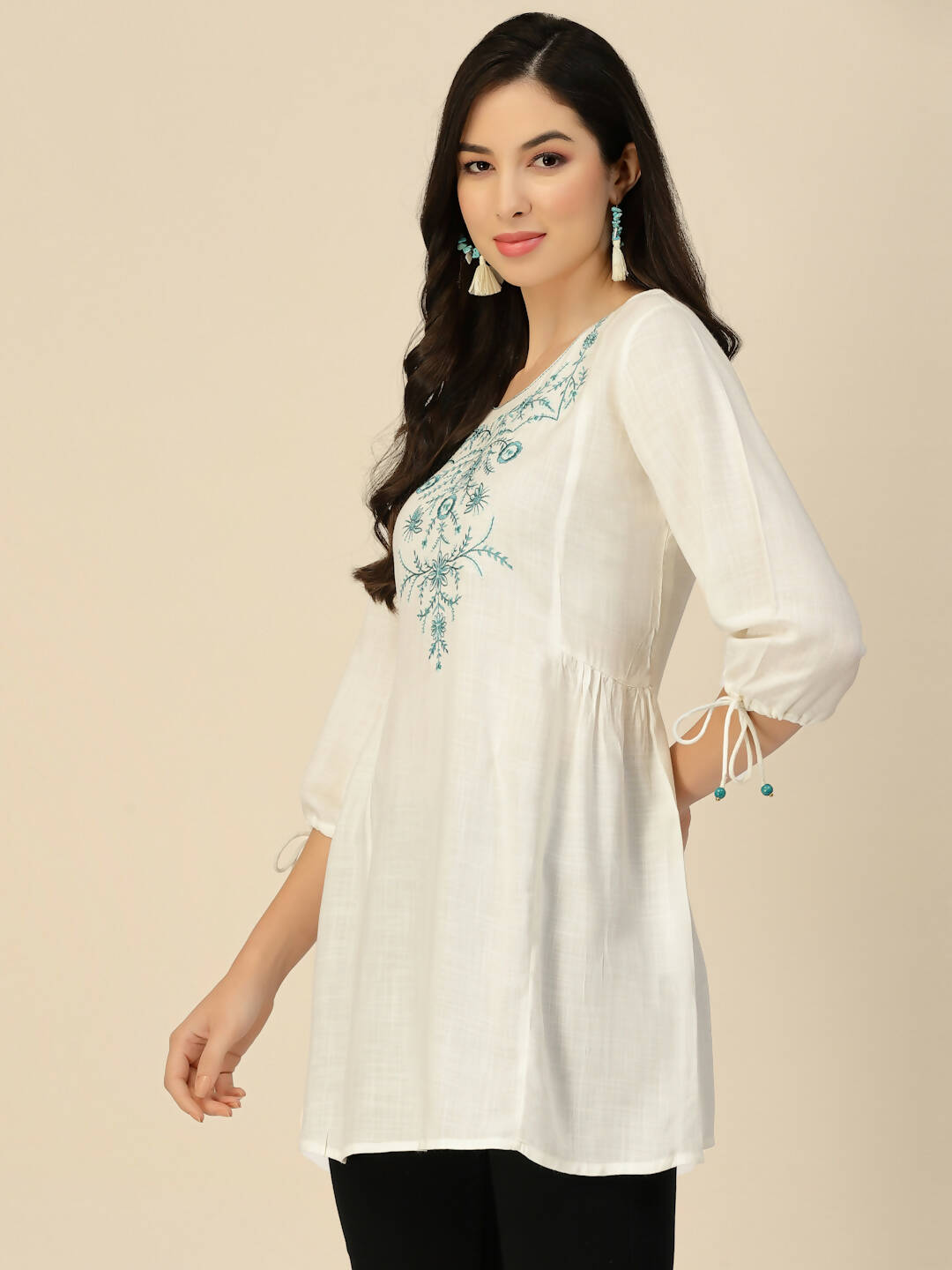 White Poly Rayon Floral Embroidered Top - Zeny - Distacart