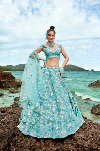 House of Panchhi Sky Blue Organza Sequins, Zarkan And Thread Embroidery Lehenga Choli & Dupatta - Distacart