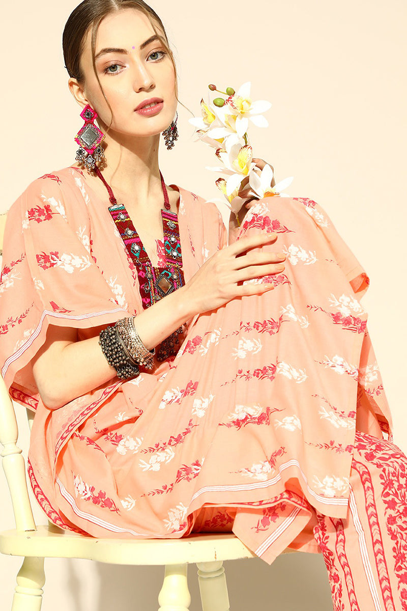 Women's Peach Cotton Floral Print Kaftan Set - Rasiya - Distacart