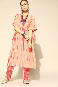 Thumbnail for Women's Peach Cotton Floral Print Kaftan Set - Rasiya - Distacart