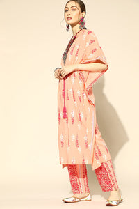 Thumbnail for Women's Peach Cotton Floral Print Kaftan Set - Rasiya - Distacart