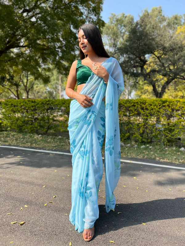 Vamsee Sky Blue Chiffon Designer Saree - Distacart