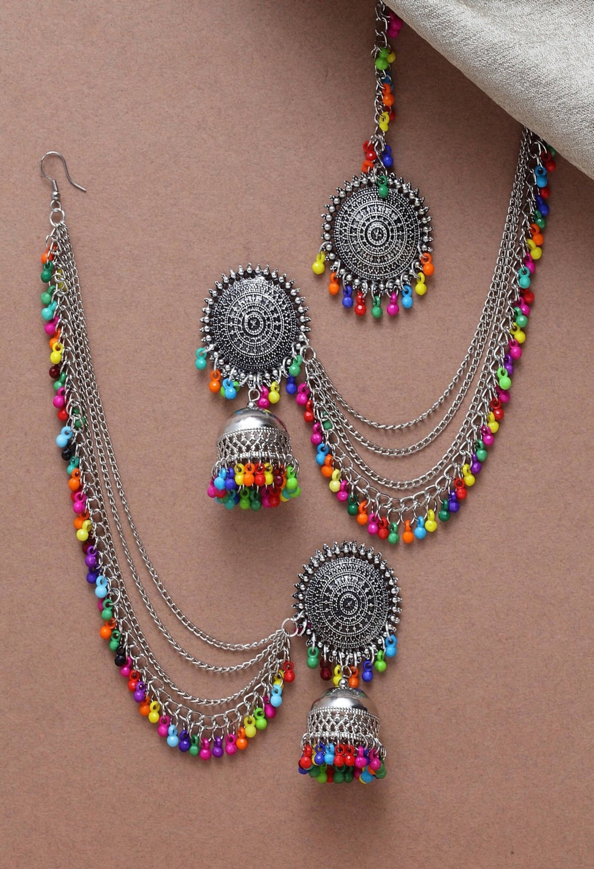 Mominos Fashion Johar Kamal Bahubali Multi Beads Earrings With Tikka - Distacart