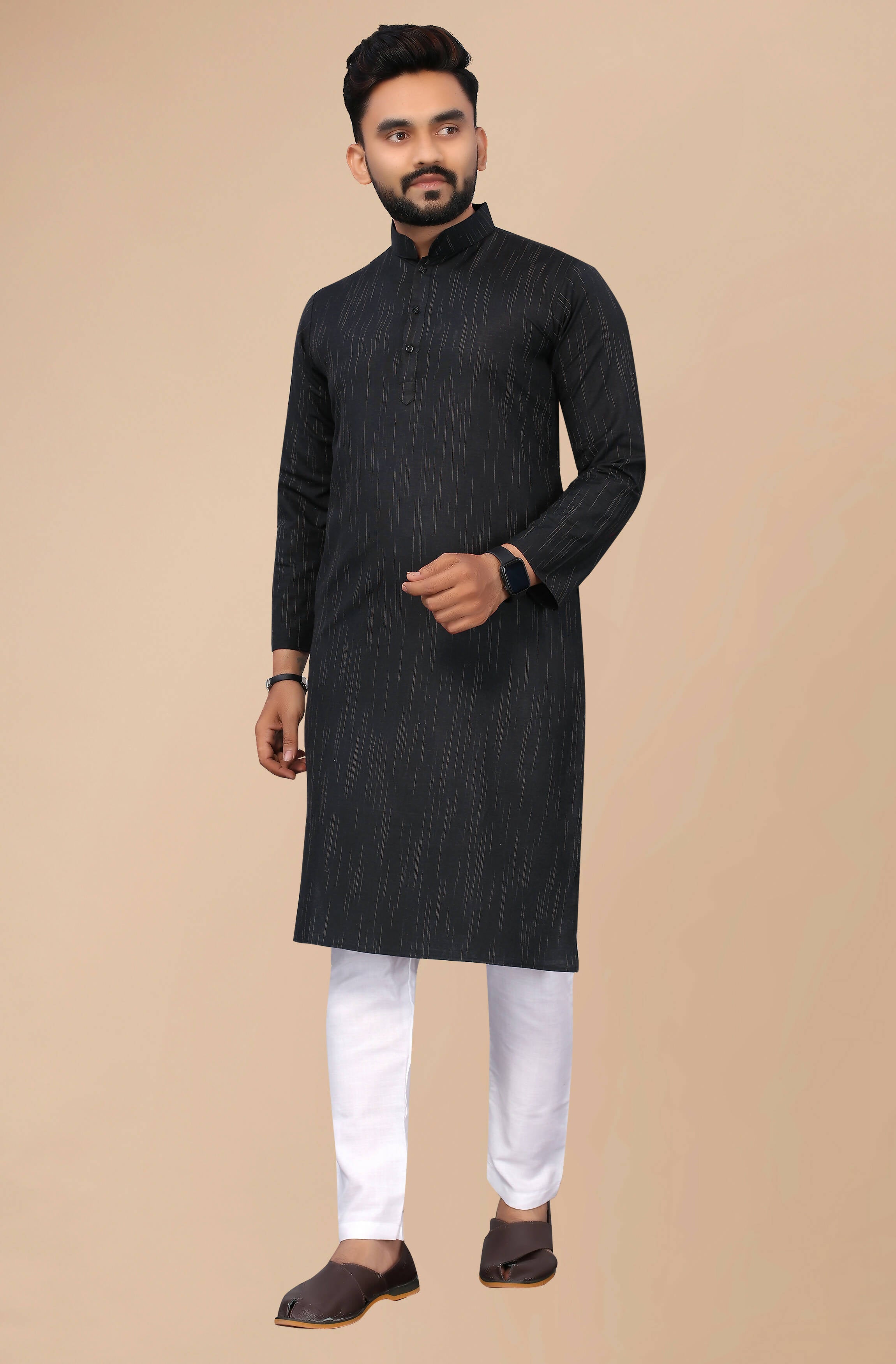 Men's Black Striped Cotton Kurta - Mahotsav - Distacart