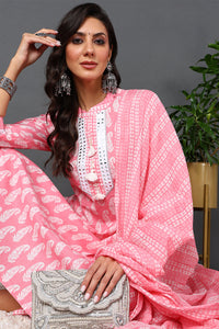 Thumbnail for Women's Cotton Pink Printed Straight Kurta Pant With Dupatta - Rasiya - Distacart