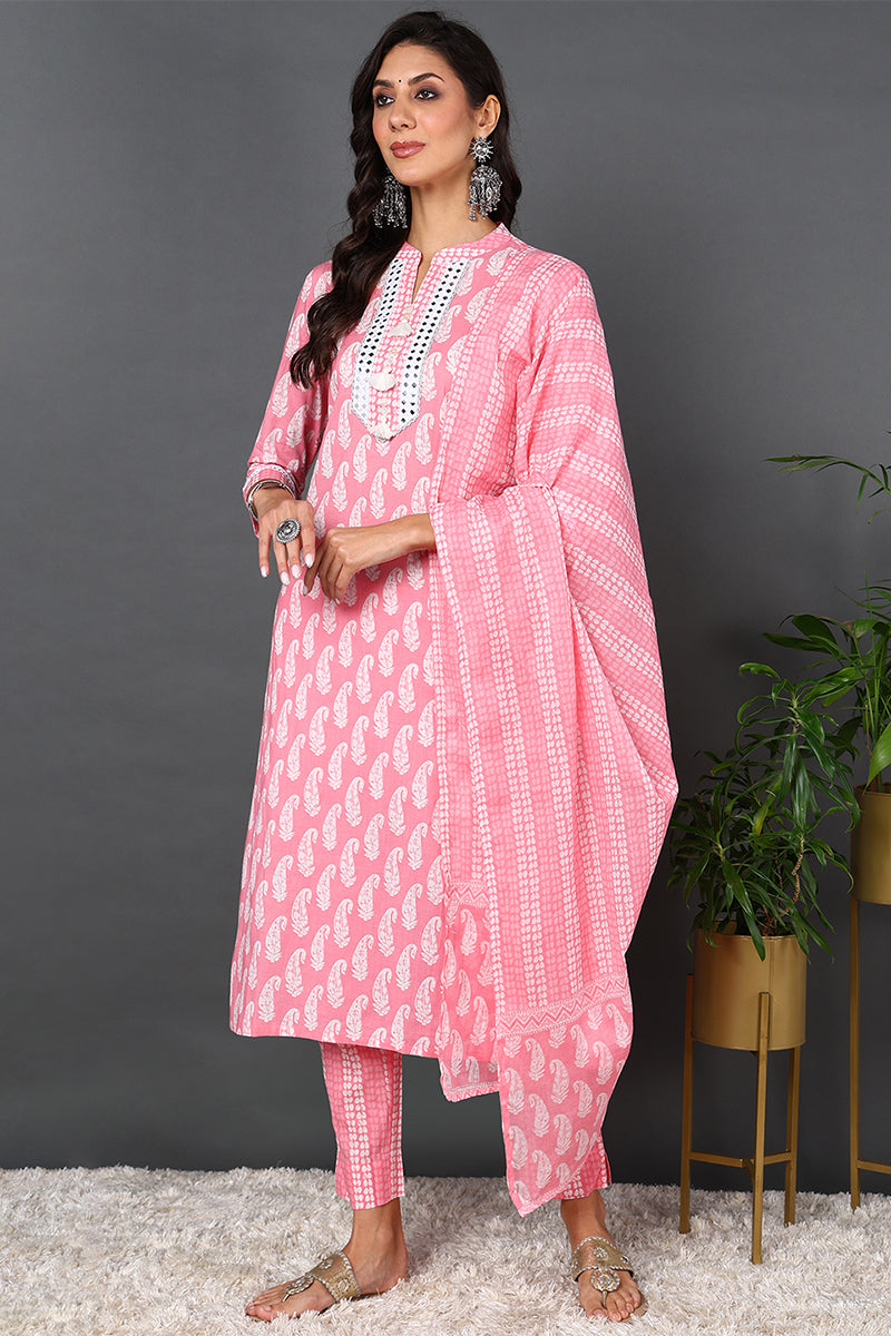 Women's Cotton Pink Printed Straight Kurta Pant With Dupatta - Rasiya - Distacart