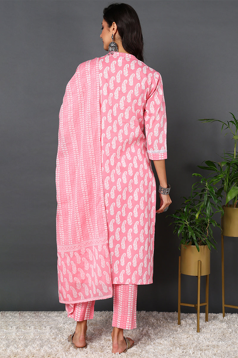 Women's Cotton Pink Printed Straight Kurta Pant With Dupatta - Rasiya - Distacart