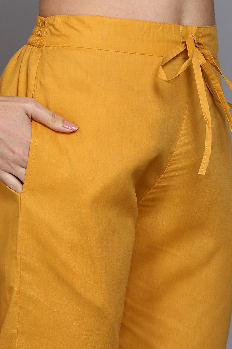 Women's Cotton Mustard Printed Straight Kurta Pant With Dupatta - Rasiya - Distacart