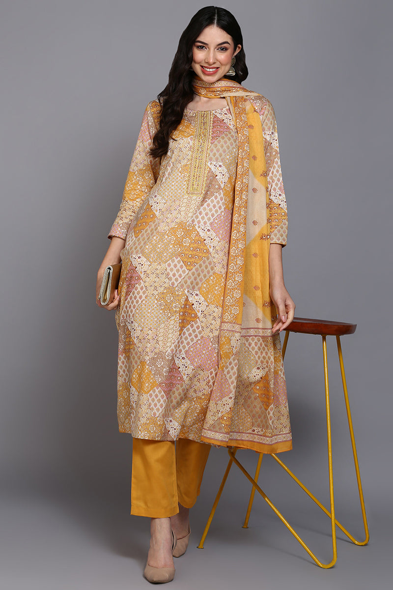 Women's Cotton Mustard Printed Straight Kurta Pant With Dupatta - Rasiya - Distacart