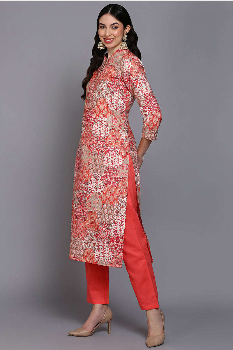 Women's Cotton Coral Peach Printed Straight Kurta Pant With Dupatta - Rasiya - Distacart
