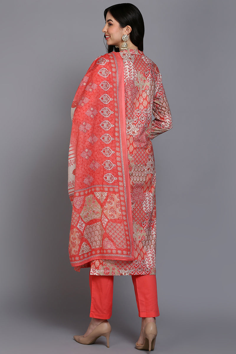 Women's Cotton Coral Peach Printed Straight Kurta Pant With Dupatta - Rasiya - Distacart