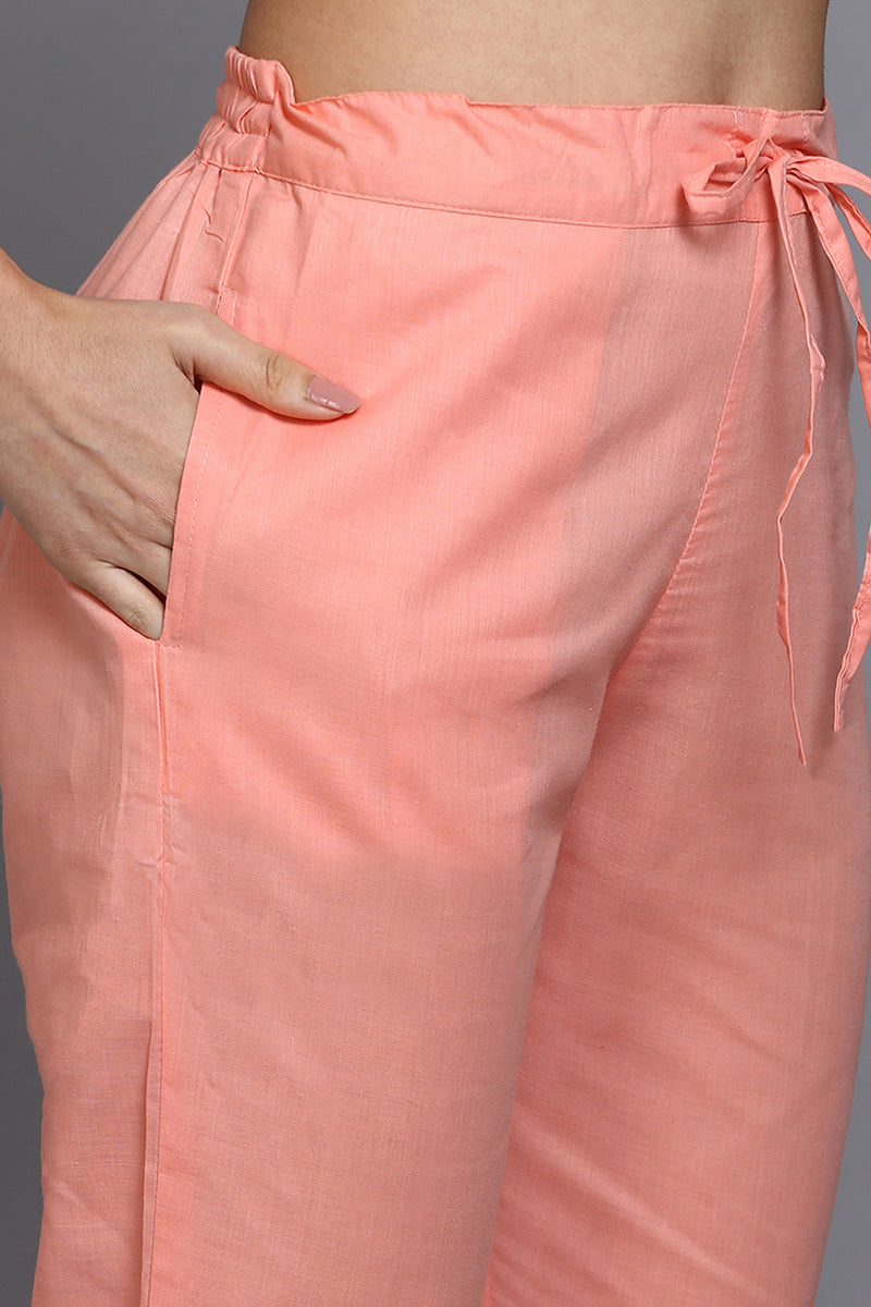 Women's Cotton Peach Printed Straight Kurta Pant With Dupatta - Rasiya - Distacart